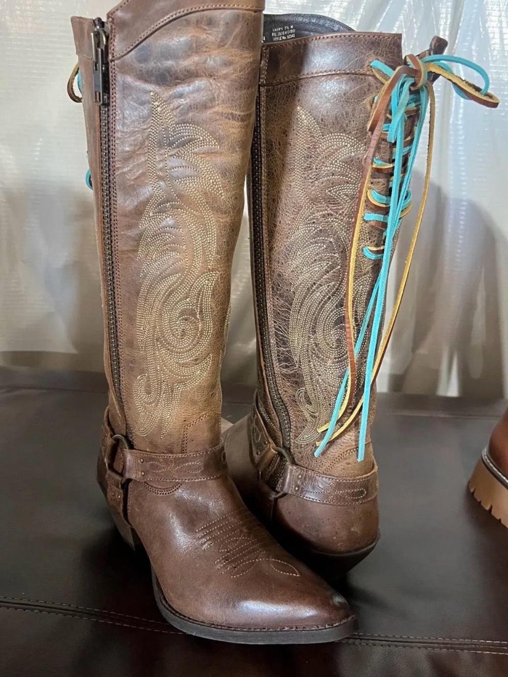 Women's Brown Leather Knee-High Western Boots with Turquoise Lace